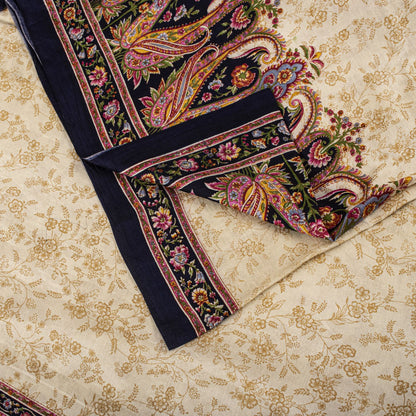 Sanskriti Vintage Ivory Pure Silk Saree Floral Paisley Print Craft Fabric 6+Yard