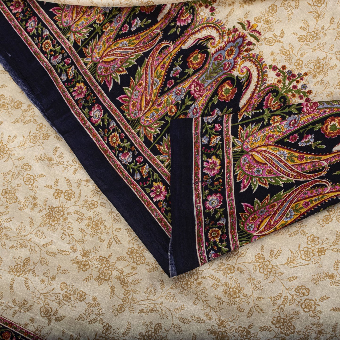 Sanskriti Vintage Ivory Pure Silk Saree Floral Paisley Print Craft Fabric 6+Yard