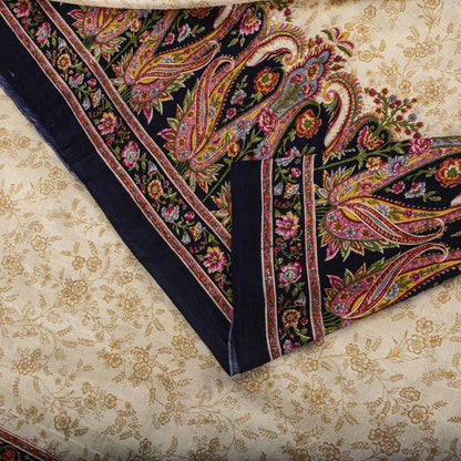 Sanskriti Vintage Ivory Pure Silk Saree Floral Paisley Print Craft Fabric 6+Yard