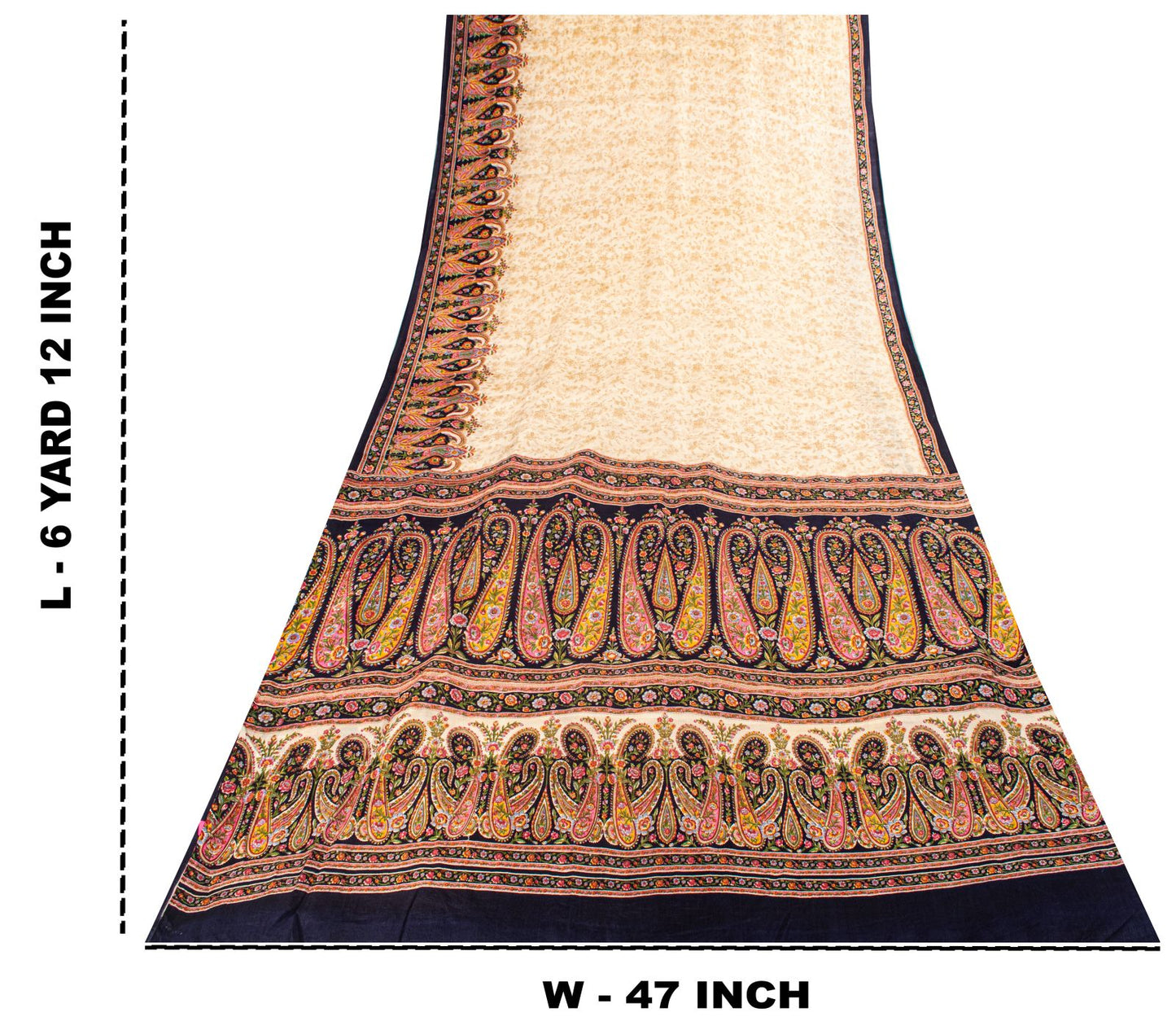 Sanskriti Vintage Ivory Pure Silk Saree Floral Paisley Print Craft Fabric 6+Yard