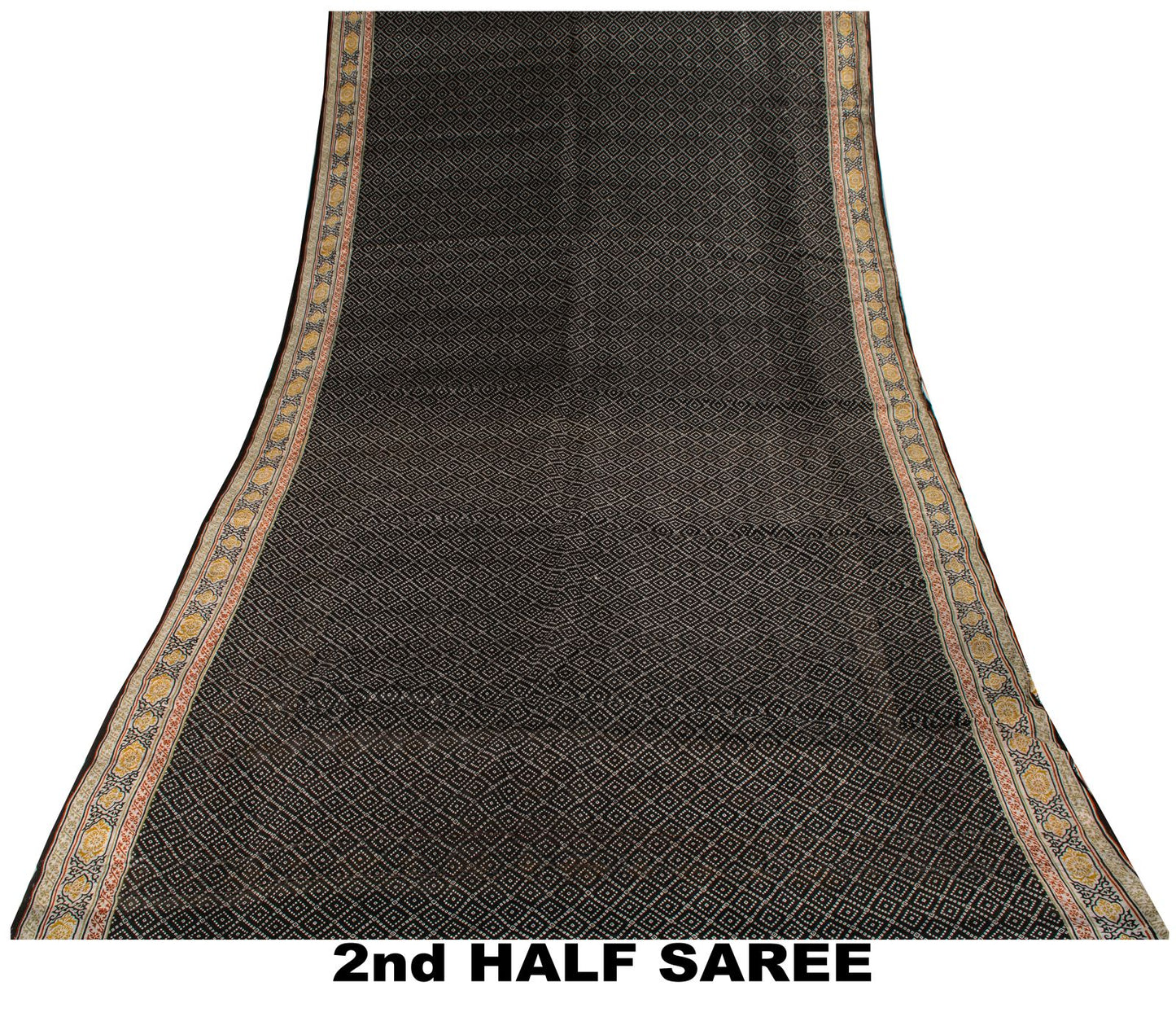 Sanskriti Vintage Black Pure Silk Saree Bandhani Print Craft Fabric 6+Yard Sari
