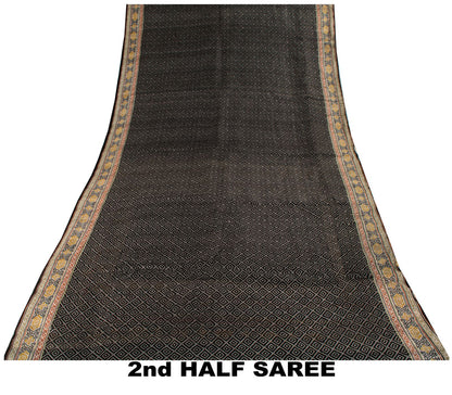 Sanskriti Vintage Black Pure Silk Saree Bandhani Print Craft Fabric 6+Yard Sari