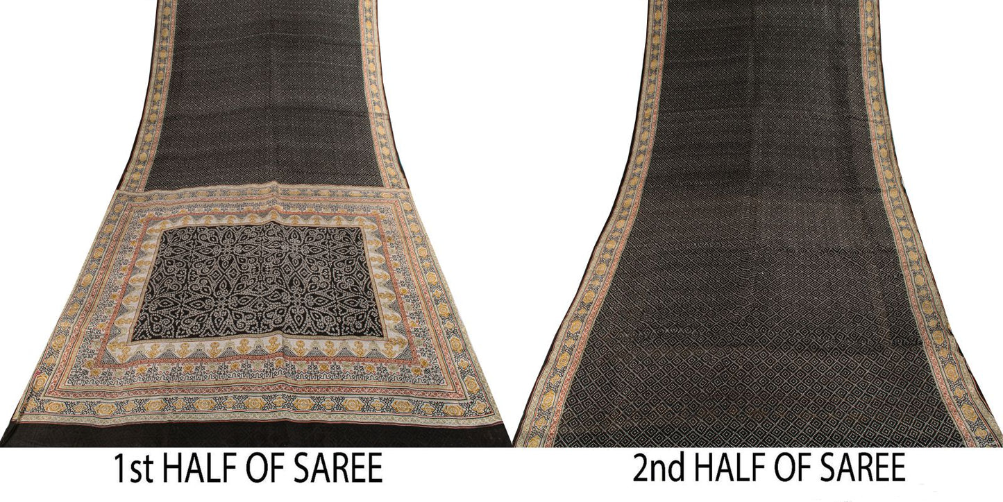 Sanskriti Vintage Black Pure Silk Saree Bandhani Print Craft Fabric 6+Yard Sari