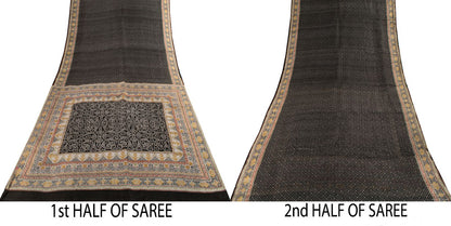 Sanskriti Vintage Black Pure Silk Saree Bandhani Print Craft Fabric 6+Yard Sari