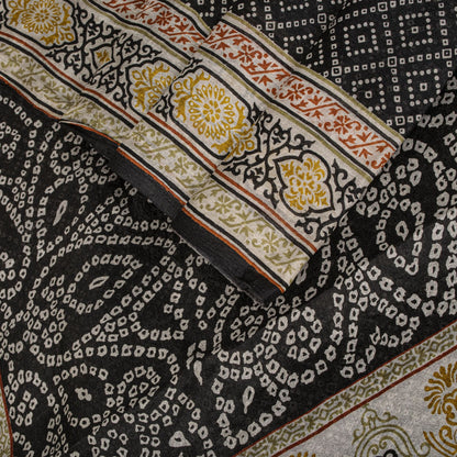 Sanskriti Vintage Black Pure Silk Saree Bandhani Print Craft Fabric 6+Yard Sari