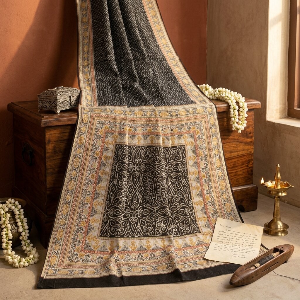 Sanskriti Vintage Black Pure Silk Saree Bandhani Print Craft Fabric 6+Yard Sari