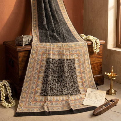 Sanskriti Vintage Black Pure Silk Saree Bandhani Print Craft Fabric 6+Yard Sari
