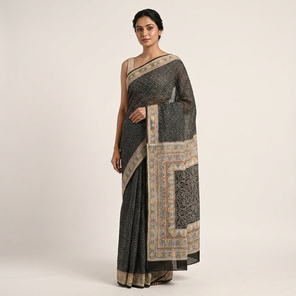 Sanskriti Vintage Black Pure Silk Saree Bandhani Print Craft Fabric 6+Yard Sari