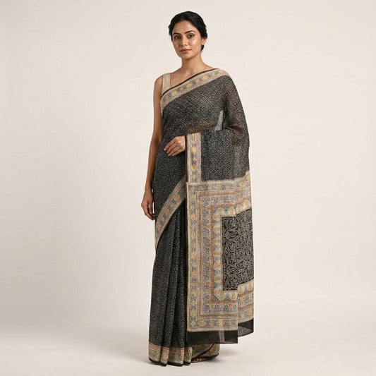 Sanskriti Vintage Black Pure Silk Saree Bandhani Print Craft Fabric 6+Yard Sari