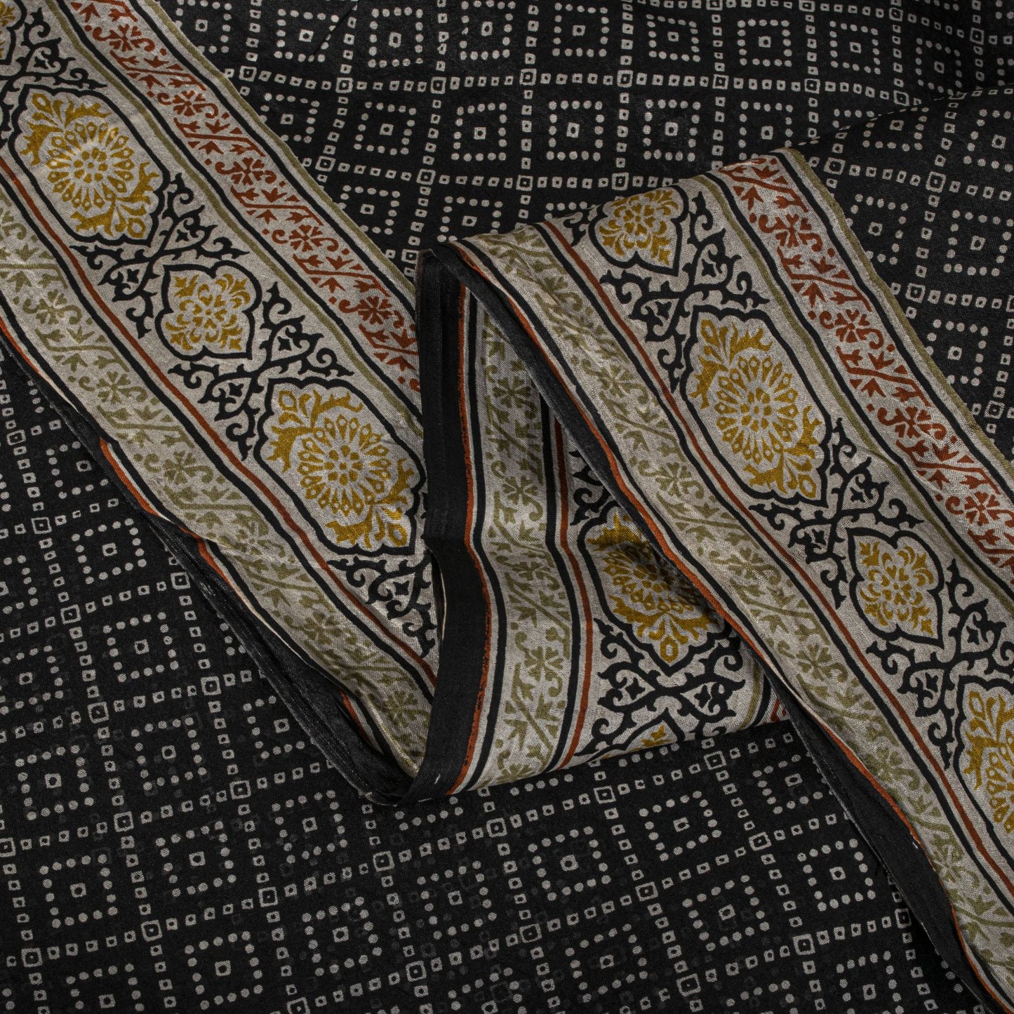 Sanskriti Vintage Black Pure Silk Saree Bandhani Print Craft Fabric 6+Yard Sari