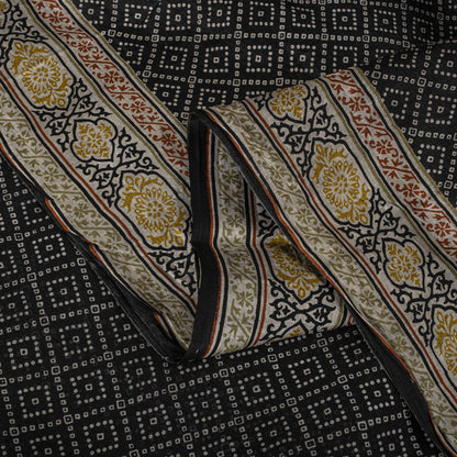 Sanskriti Vintage Black Pure Silk Saree Bandhani Print Craft Fabric 6+Yard Sari