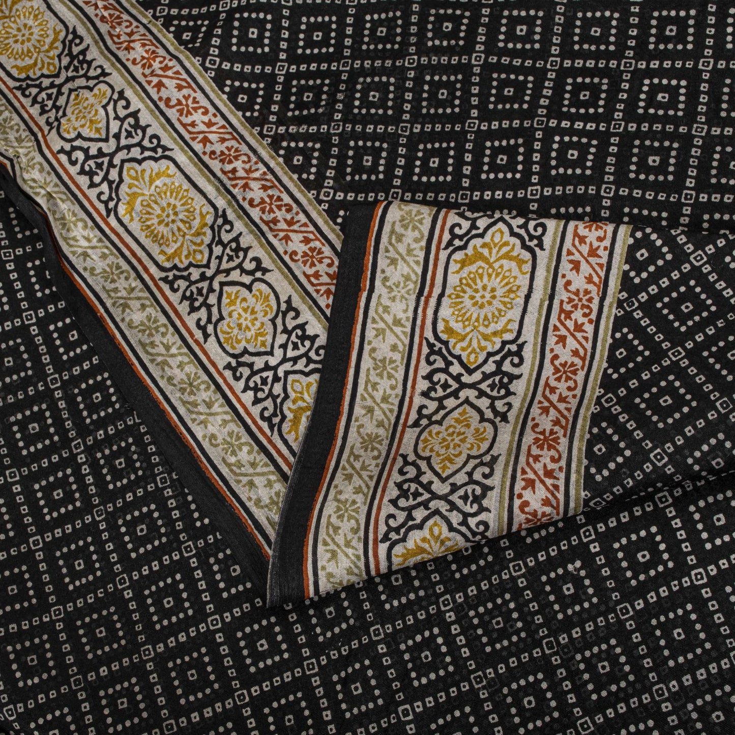 Sanskriti Vintage Black Pure Silk Saree Bandhani Print Craft Fabric 6+Yard Sari
