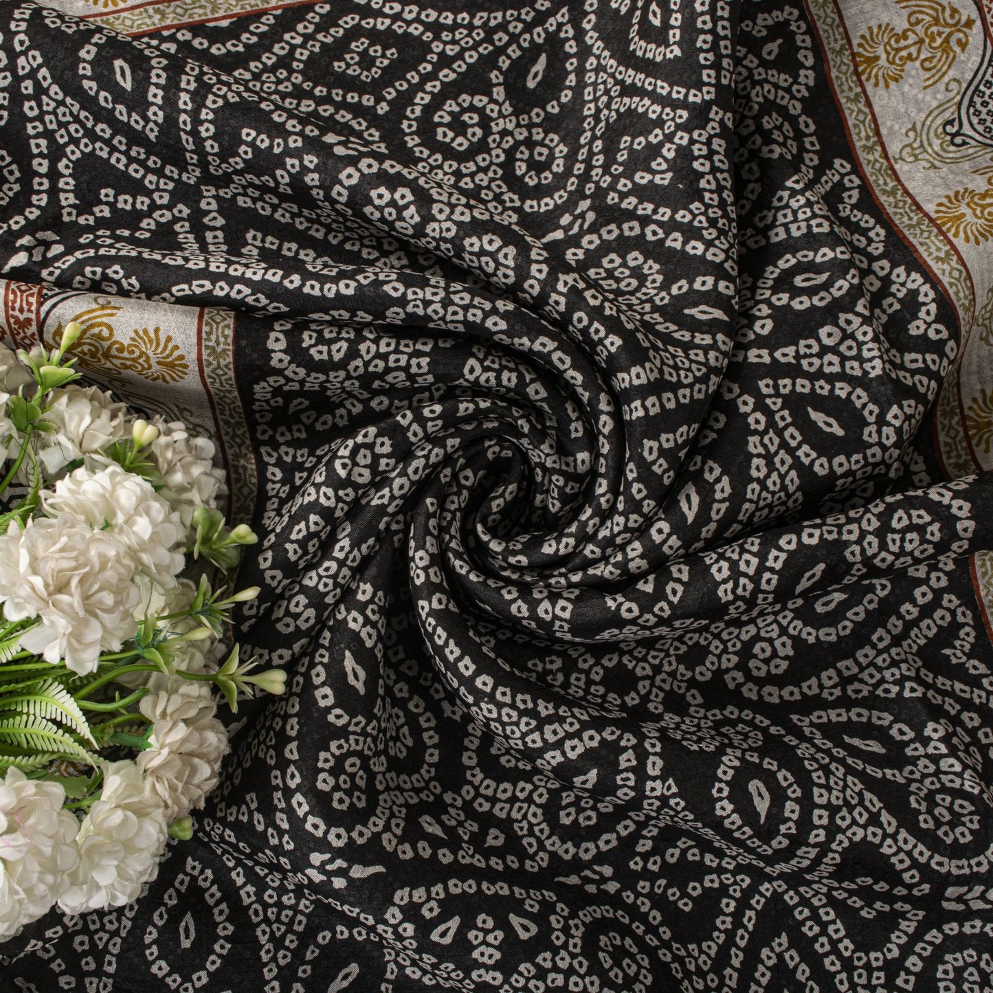 Sanskriti Vintage Black Pure Silk Saree Bandhani Print Craft Fabric 6+Yard Sari