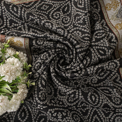 Sanskriti Vintage Black Pure Silk Saree Bandhani Print Craft Fabric 6+Yard Sari
