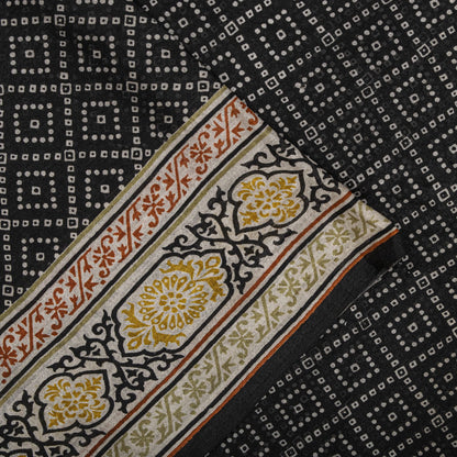 Sanskriti Vintage Black Pure Silk Saree Bandhani Print Craft Fabric 6+Yard Sari