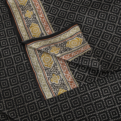 Sanskriti Vintage Black Pure Silk Saree Bandhani Print Craft Fabric 6+Yard Sari
