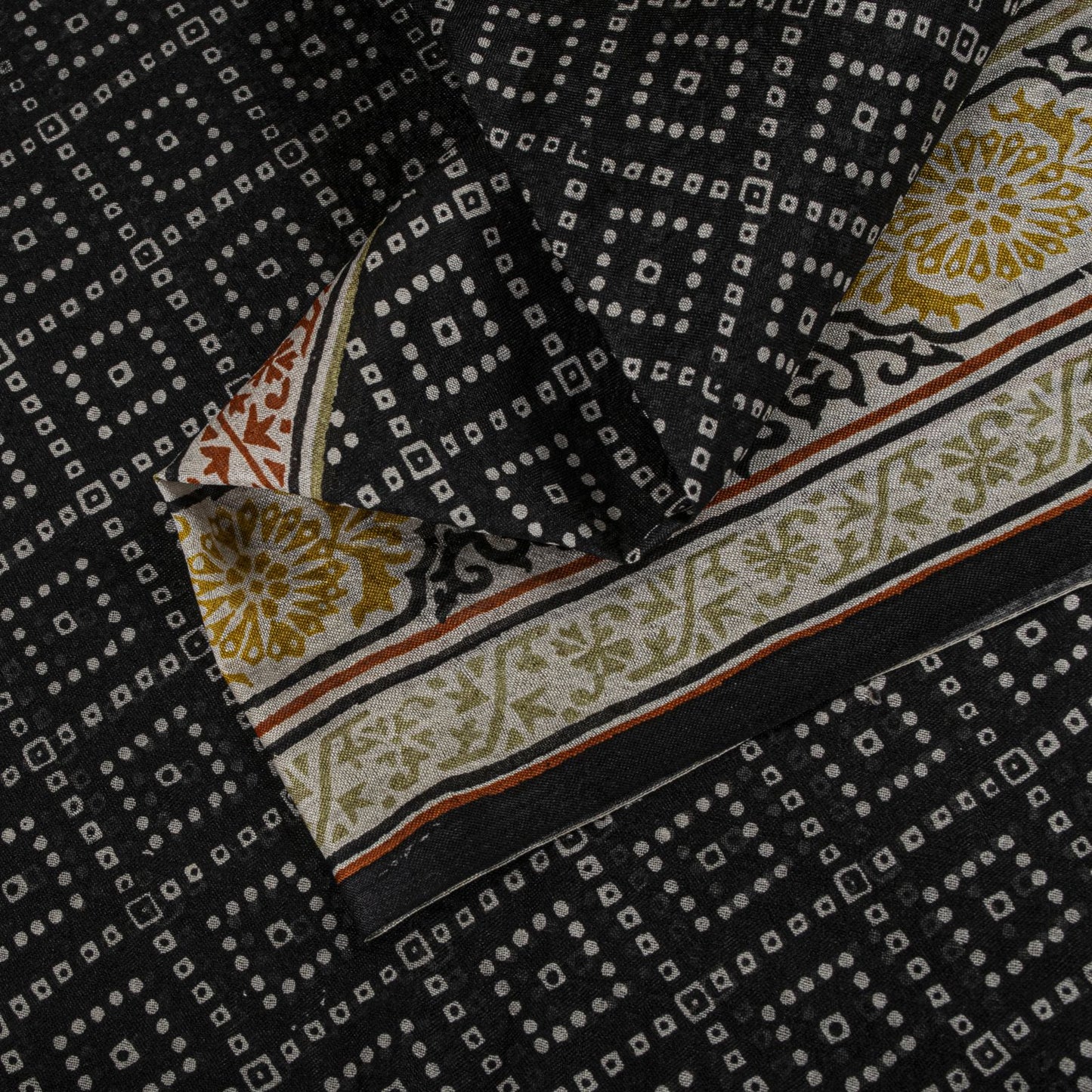Sanskriti Vintage Black Pure Silk Saree Bandhani Print Craft Fabric 6+Yard Sari