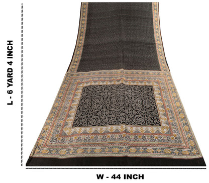 Sanskriti Vintage Black Pure Silk Saree Bandhani Print Craft Fabric 6+Yard Sari