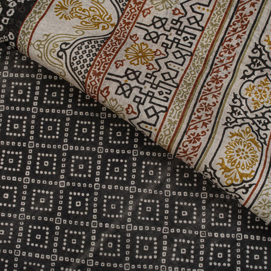 Sanskriti Vintage Black Pure Silk Saree Bandhani Print Craft Fabric 6+Yard Sari