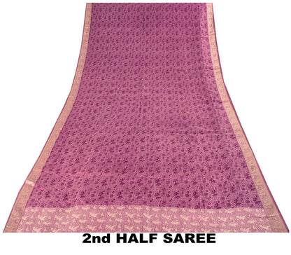 Sanskriti Vintage Purple Pure Silk Saree Woven Floral Baluchari Sari 5.5 Yard