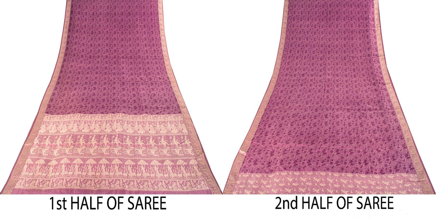 Sanskriti Vintage Purple Pure Silk Saree Woven Floral Baluchari Sari 5.5 Yard