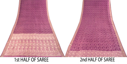 Sanskriti Vintage Purple Pure Silk Saree Woven Floral Baluchari Sari 5.5 Yard