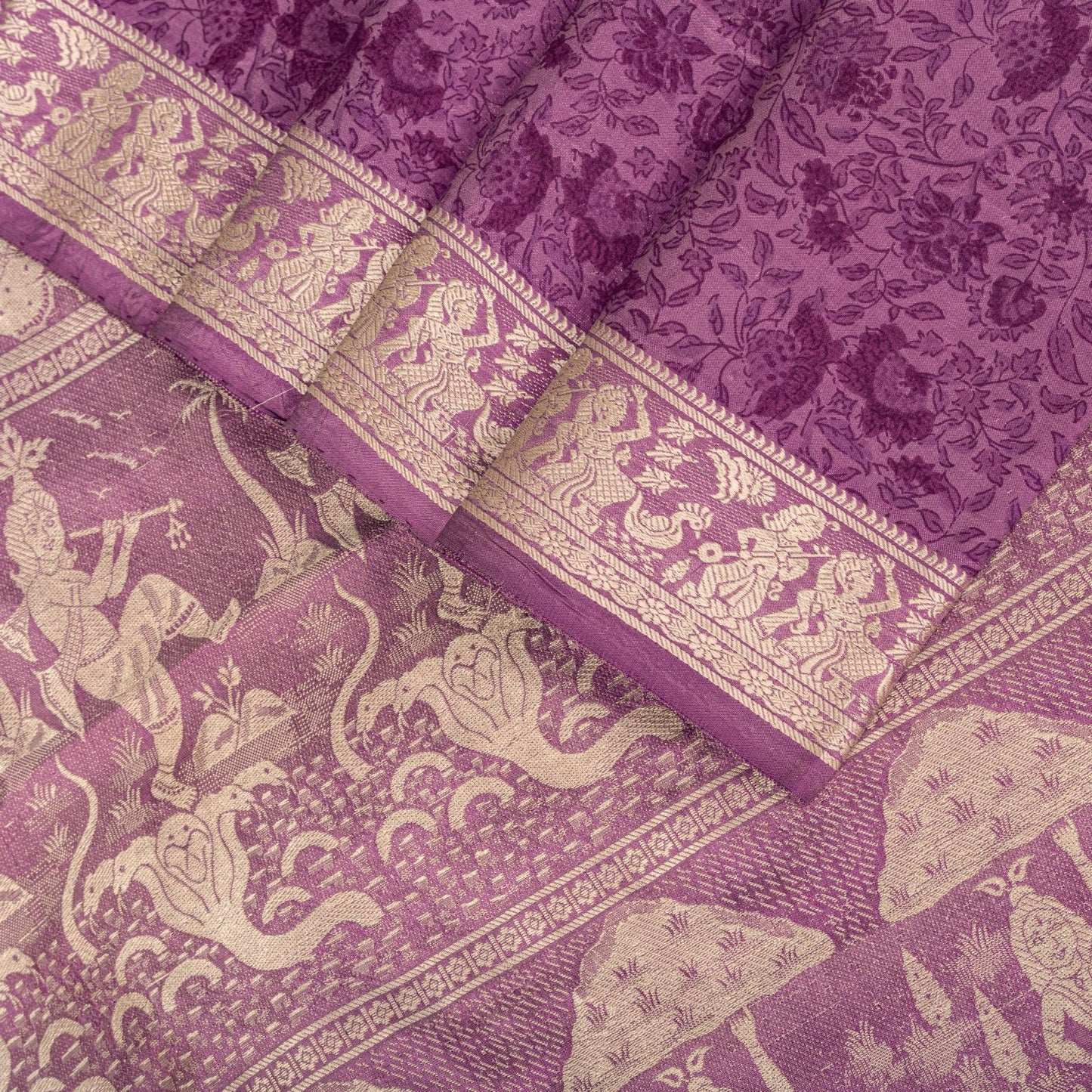 Sanskriti Vintage Purple Pure Silk Saree Woven Floral Baluchari Sari 5.5 Yard