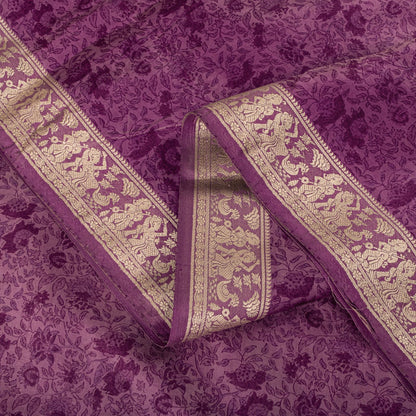 Sanskriti Vintage Purple Pure Silk Saree Woven Floral Baluchari Sari 5.5 Yard