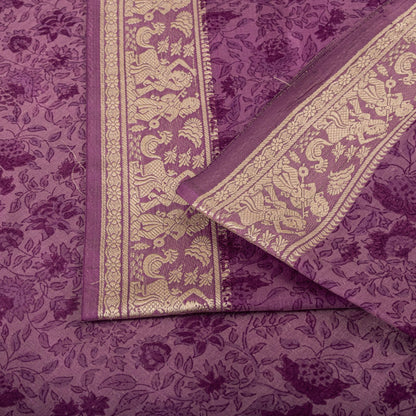 Sanskriti Vintage Purple Pure Silk Saree Woven Floral Baluchari Sari 5.5 Yard