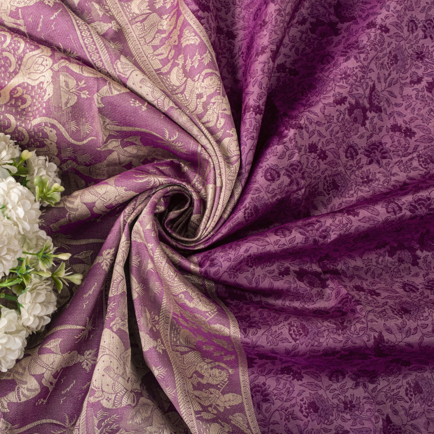 Sanskriti Vintage Purple Pure Silk Saree Woven Floral Baluchari Sari 5.5 Yard