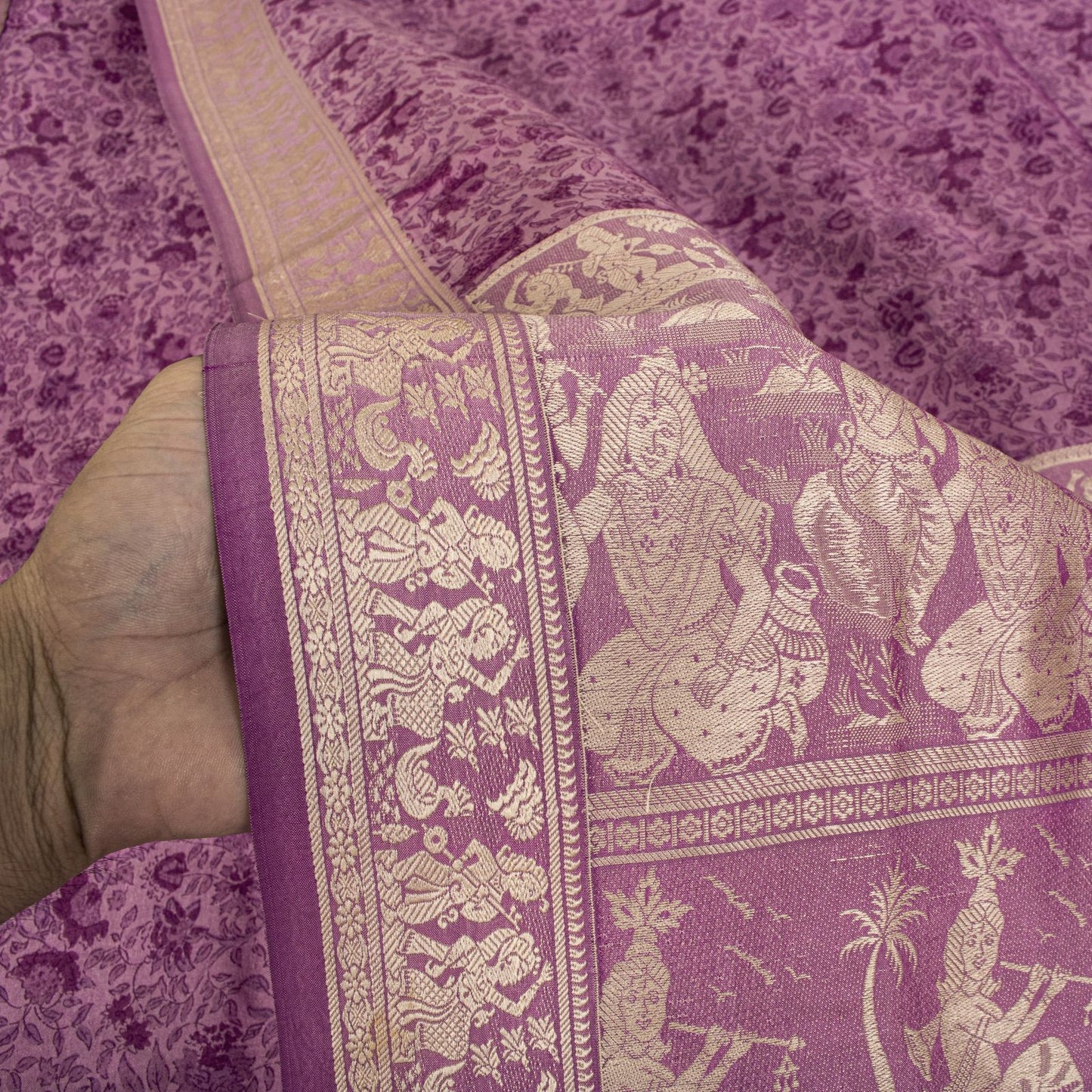Sanskriti Vintage Purple Pure Silk Saree Woven Floral Baluchari Sari 5.5 Yard