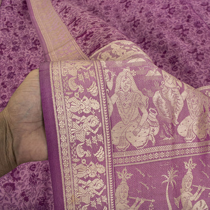Sanskriti Vintage Purple Pure Silk Saree Woven Floral Baluchari Sari 5.5 Yard