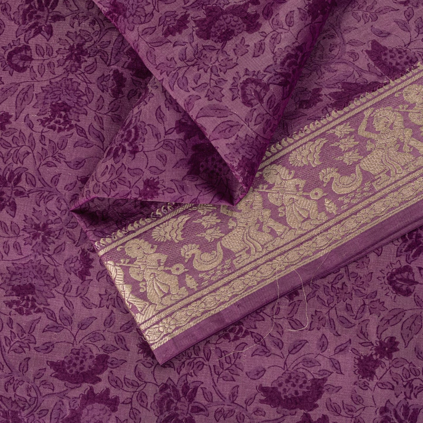 Sanskriti Vintage Purple Pure Silk Saree Woven Floral Baluchari Sari 5.5 Yard
