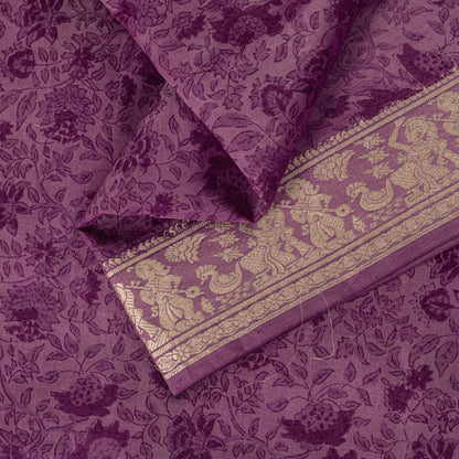 Sanskriti Vintage Purple Pure Silk Saree Woven Floral Baluchari Sari 5.5 Yard