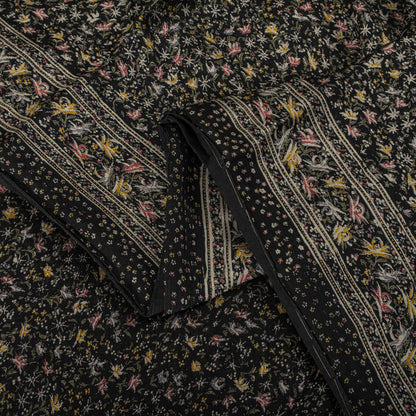 Sanskriti Vintage Saree Black Soft Pure Silk Floral Printed Sari 5.5+Yd Fabric