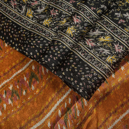 Sanskriti Vintage Saree Black Soft Pure Silk Floral Printed Sari 5.5+Yd Fabric