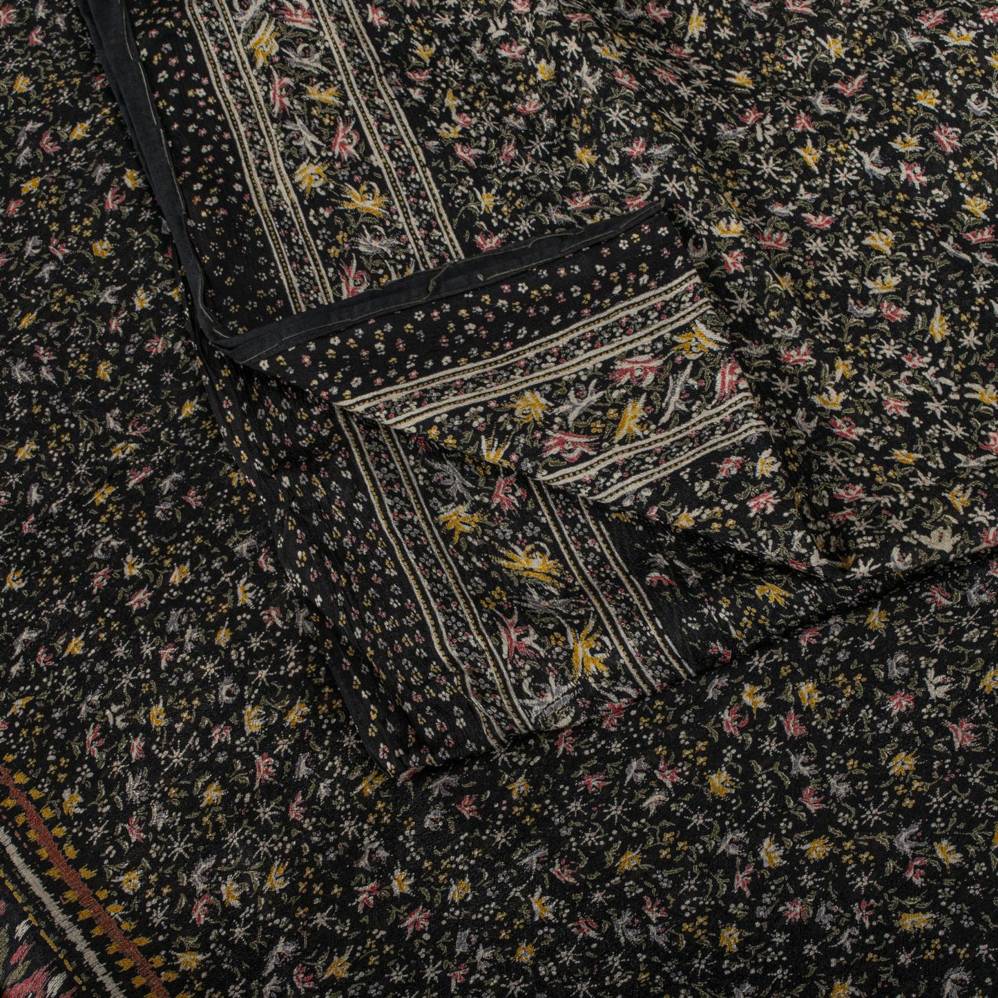 Sanskriti Vintage Saree Black Soft Pure Silk Floral Printed Sari 5.5+Yd Fabric