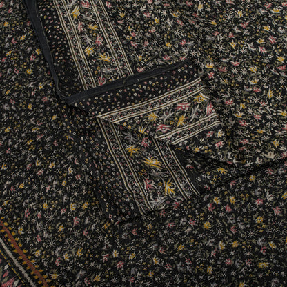 Sanskriti Vintage Saree Black Soft Pure Silk Floral Printed Sari 5.5+Yd Fabric
