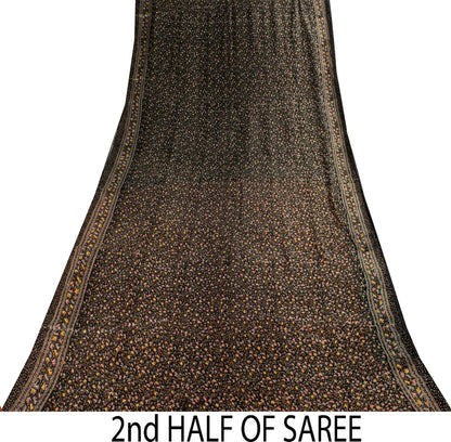 Sanskriti Vintage Saree Black Soft Pure Silk Floral Printed Sari 5.5+Yd Fabric