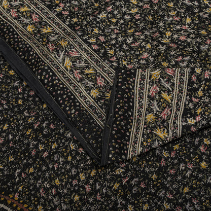 Sanskriti Vintage Saree Black Soft Pure Silk Floral Printed Sari 5.5+Yd Fabric