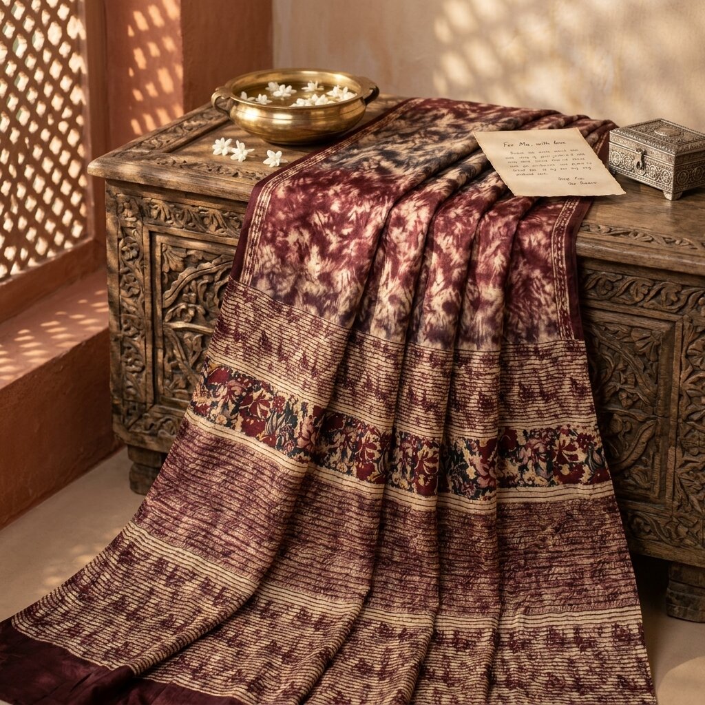 Sanskriti Vintage Brown Pure Silk Saree Abstract Floral Print Fabric Sari 5+Yard
