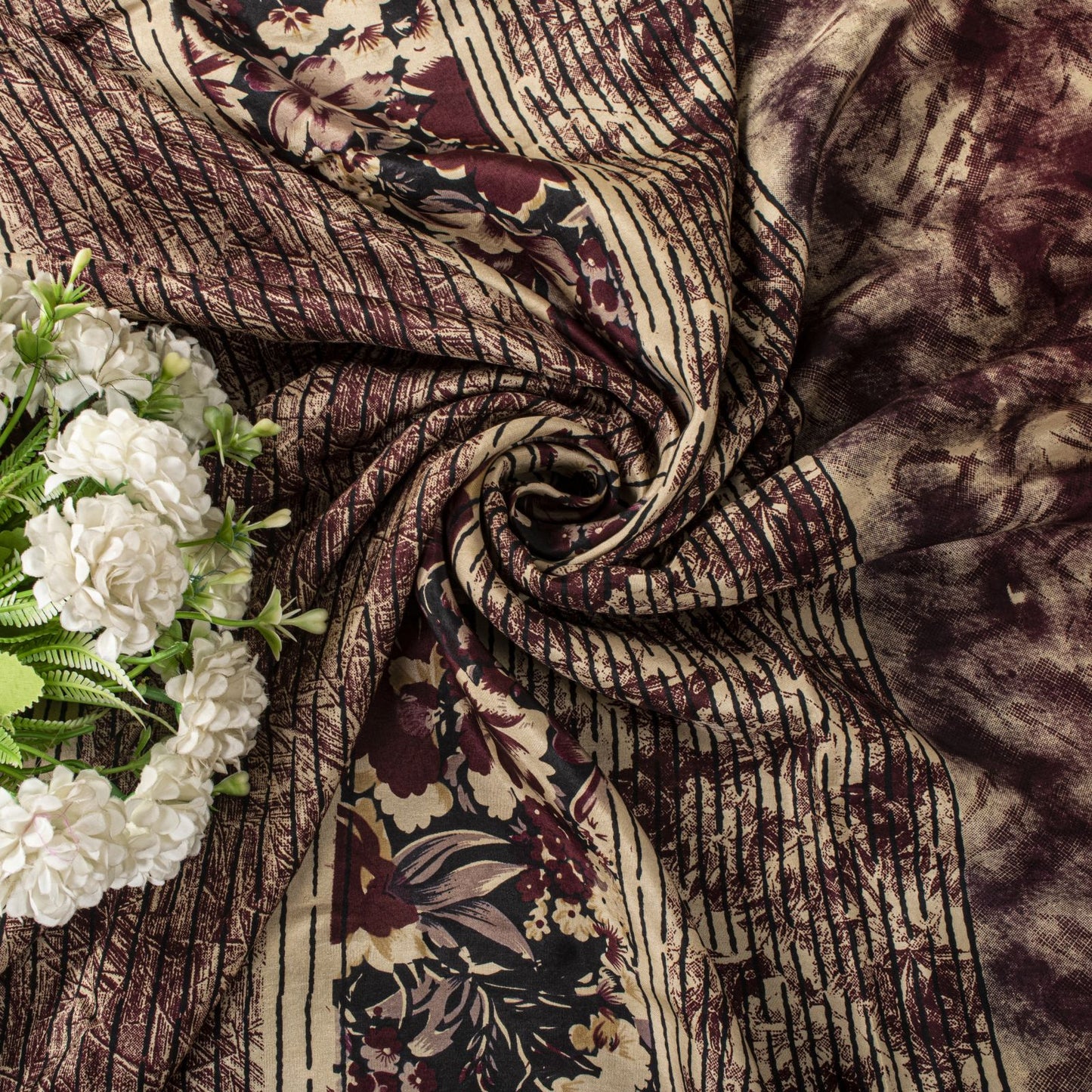 Sanskriti Vintage Brown Pure Silk Saree Abstract Floral Print Fabric Sari 5+Yard