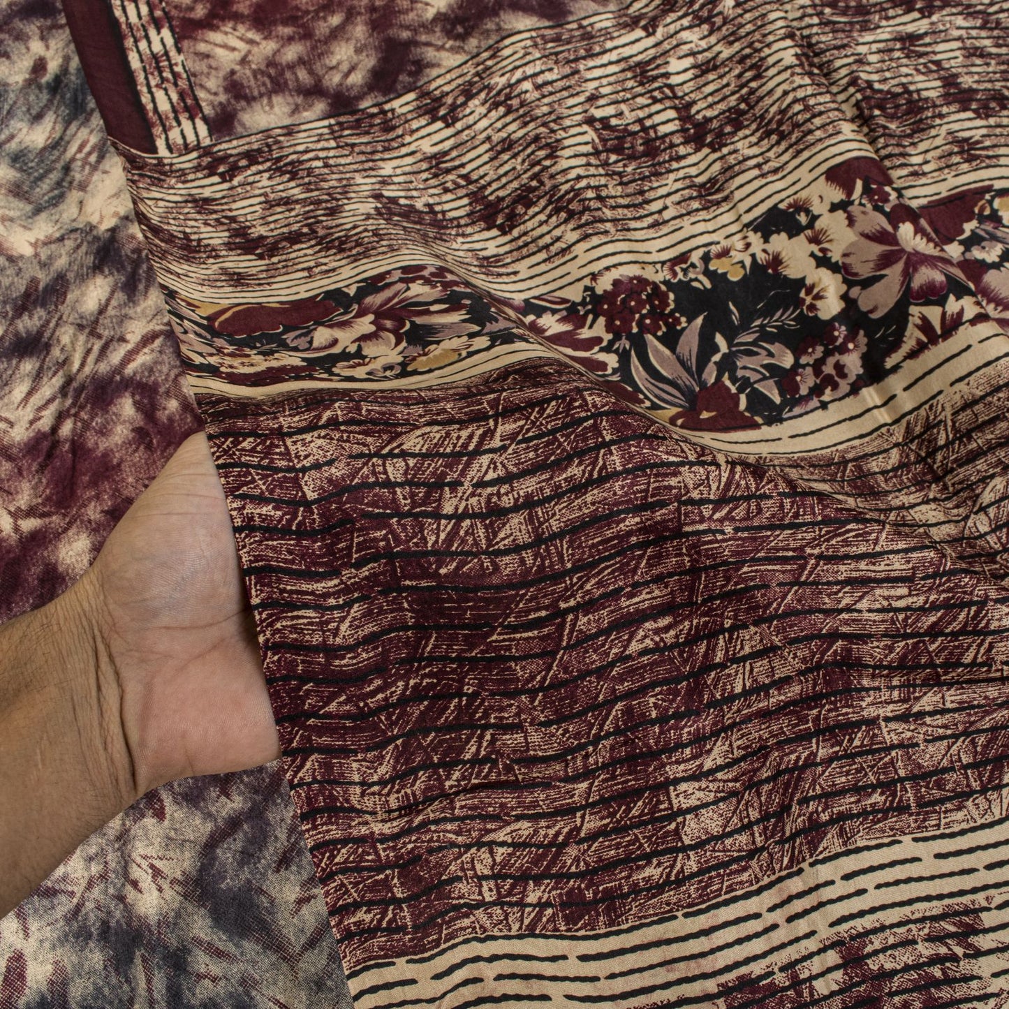 Sanskriti Vintage Brown Pure Silk Saree Abstract Floral Print Fabric Sari 5+Yard