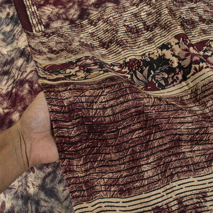 Sanskriti Vintage Brown Pure Silk Saree Abstract Floral Print Fabric Sari 5+Yard