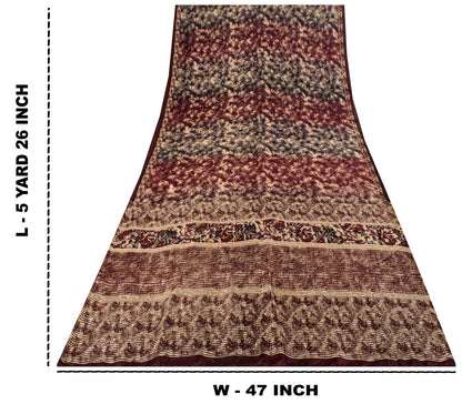 Sanskriti Vintage Brown Pure Silk Saree Abstract Floral Print Fabric Sari 5+Yard