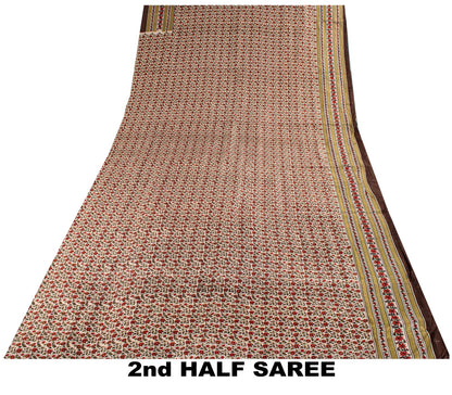 Sanskriti Vintage Saree White-Red Soft Pure Silk Floral Print Sari 5.5+Yd Fabric