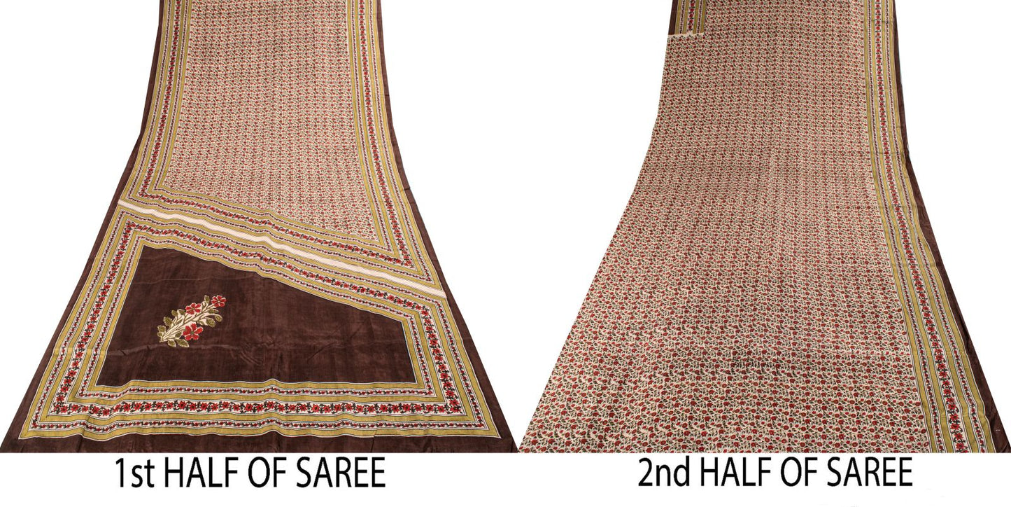 Sanskriti Vintage Saree White-Red Soft Pure Silk Floral Print Sari 5.5+Yd Fabric