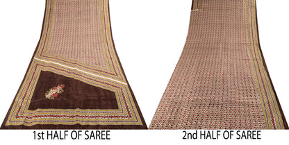 Sanskriti Vintage Saree White-Red Soft Pure Silk Floral Print Sari 5.5+Yd Fabric