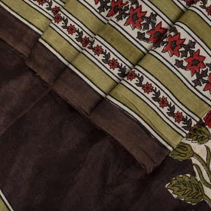 Sanskriti Vintage Saree White-Red Soft Pure Silk Floral Print Sari 5.5+Yd Fabric