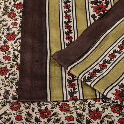 Sanskriti Vintage Saree White-Red Soft Pure Silk Floral Print Sari 5.5+Yd Fabric